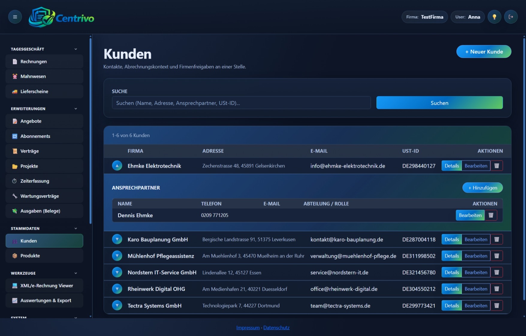 Service- und Kundendaten in Centrivo