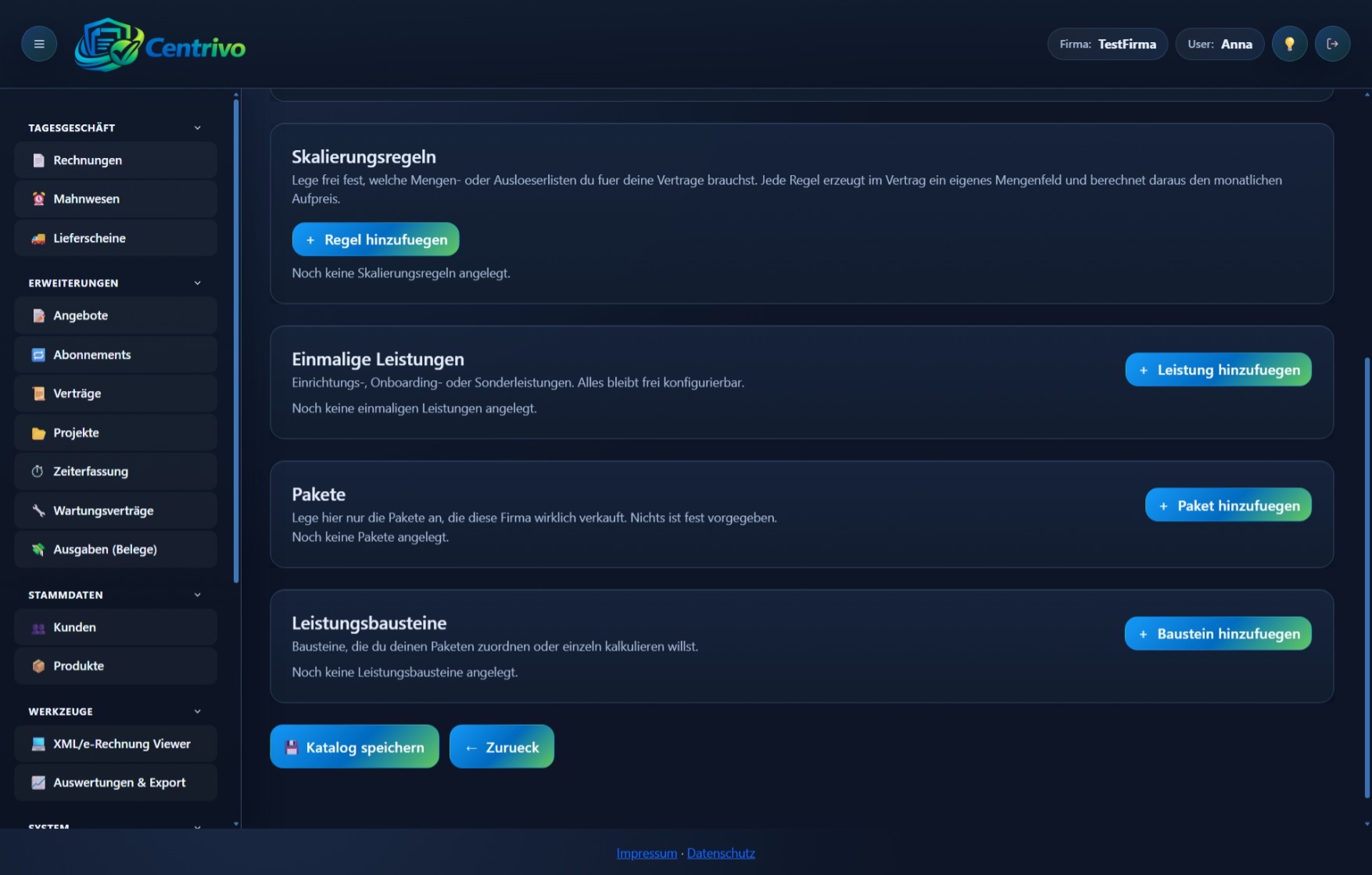 Firmenwechsel und Firmenbereiche in Centrivo